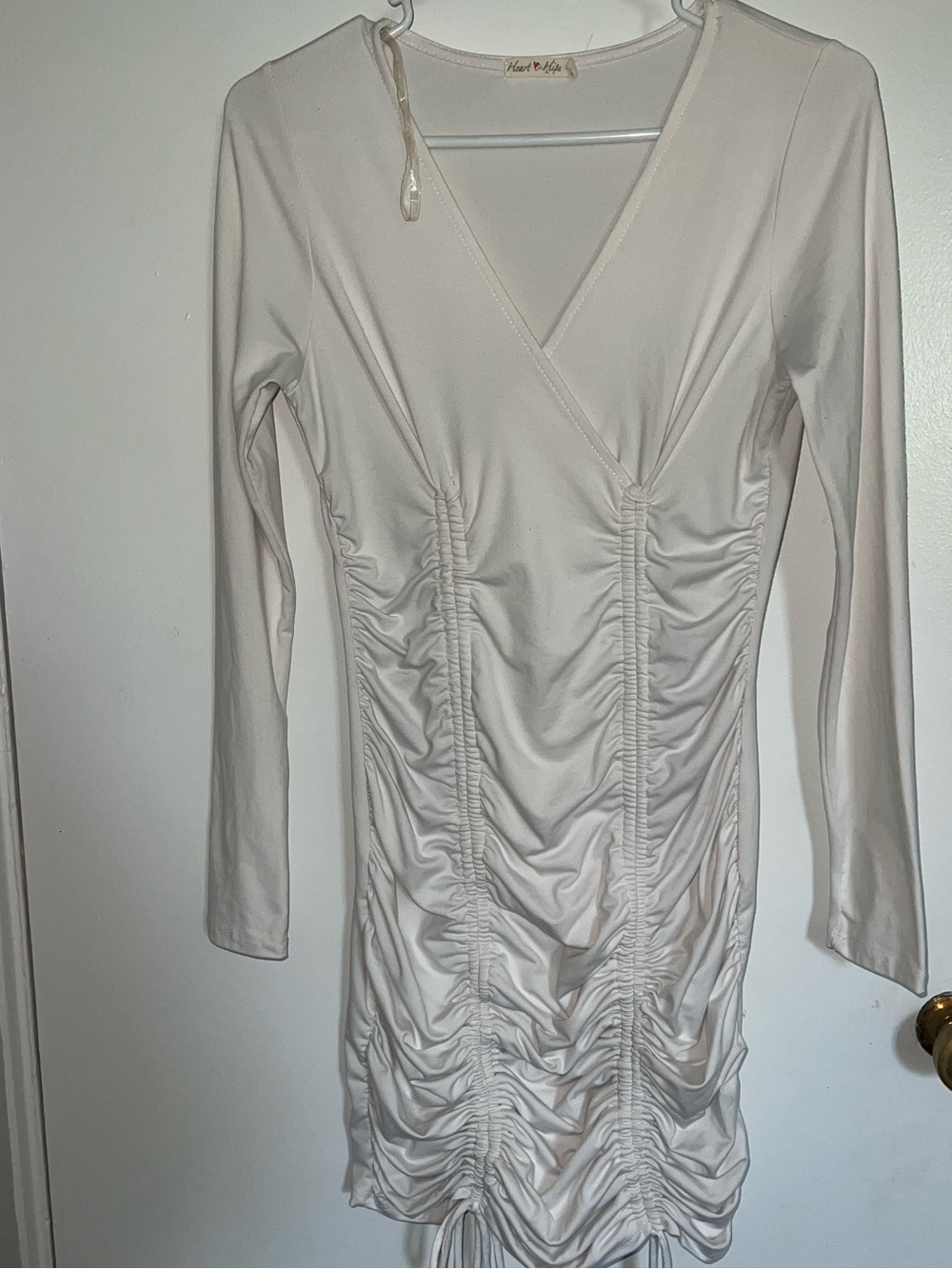 Heart Hips Cream Ruched Long Sleeve Wrap Dress